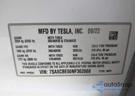 2022 Tesla Model X Dual Motor All-Wheel Drive z USA, uszkodzony, nr VIN 7SAXCBE50NF362668